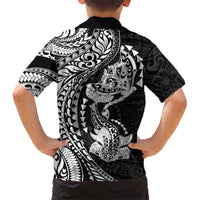 Hawaiian Manta Ray and Hammerhead Shark Tribal Tattoo Family Matching Tank Maxi Dress and Hawaiian Shirt with Polynesian Tribal Pattern Black-White Color