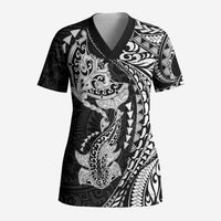 Hawaiian Manta Ray and Hammerhead Shark Tribal Tattoo Scrub Top with Polynesian Tribal Pattern Black-White Color LT03 Adult Multicolor - Polynesian Pride