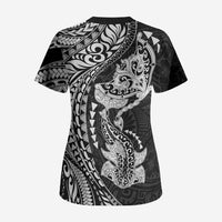 Hawaiian Manta Ray and Hammerhead Shark Tribal Tattoo Scrub Top with Polynesian Tribal Pattern Black-White Color LT03 - Polynesian Pride