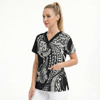 Hawaiian Manta Ray and Hammerhead Shark Tribal Tattoo Scrub Top with Polynesian Tribal Pattern Black-White Color LT03 - Polynesian Pride