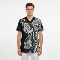 Hawaiian Manta Ray and Hammerhead Shark Tribal Tattoo Scrub Top with Polynesian Tribal Pattern Black-White Color LT03 - Polynesian Pride