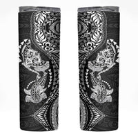 Hawaiian Manta Ray and Hammerhead Shark Tribal Tattoo Skinny Tumbler with Polynesian Tribal Pattern Black-White Color