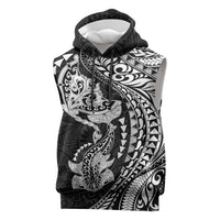 Hawaiian Manta Ray and Hammerhead Shark Tribal Tattoo Sleeveless Hoodie with Polynesian Tribal Pattern Black-White Color