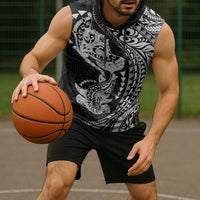 Hawaiian Manta Ray and Hammerhead Shark Tribal Tattoo Sleeveless Hoodie with Polynesian Tribal Pattern Black-White Color
