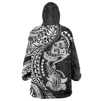 Hawaiian Manta Ray and Hammerhead Shark Tribal Tattoo Wearable Blanket Hoodie with Polynesian Tribal Pattern Black-White Color