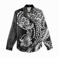 Hawaiian Manta Ray and Hammerhead Shark Tribal Tattoo Women Casual Shirt with Polynesian Tribal Pattern Black-White Color