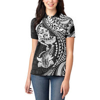 Hawaiian Manta Ray and Hammerhead Shark Tribal Tattoo Women Polo Shirt with Polynesian Tribal Pattern Black-White Color