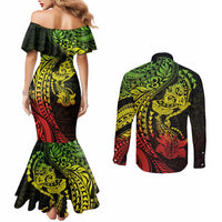 Hawaiian Manta Ray and Hammerhead Shark Tribal Tattoo Couples Matching Mermaid Dress and Long Sleeve Button Shirt with Polynesian Tribal Pattern Reggae Style