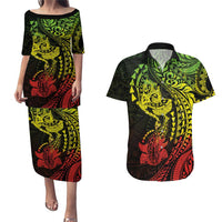 Hawaiian Manta Ray and Hammerhead Shark Tribal Tattoo Couples Matching Puletasi and Hawaiian Shirt with Polynesian Tribal Pattern Reggae Style