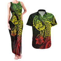 Hawaiian Manta Ray and Hammerhead Shark Tribal Tattoo Couples Matching Tank Maxi Dress and Hawaiian Shirt with Polynesian Tribal Pattern Reggae Style