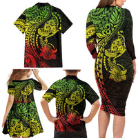 Hawaiian Manta Ray and Hammerhead Shark Tribal Tattoo Family Matching Long Sleeve Bodycon Dress and Hawaiian Shirt with Polynesian Tribal Pattern Reggae Style