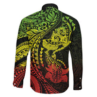 Hawaiian Manta Ray and Hammerhead Shark Tribal Tattoo Family Matching Long Sleeve Bodycon Dress and Hawaiian Shirt with Polynesian Tribal Pattern Reggae Style