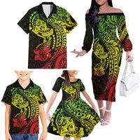 Hawaiian Manta Ray and Hammerhead Shark Tribal Tattoo Family Matching Off The Shoulder Long Sleeve Dress and Hawaiian Shirt with Polynesian Tribal Pattern Reggae Style