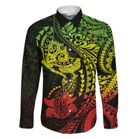 Hawaiian Manta Ray and Hammerhead Shark Tribal Tattoo Family Matching Short Sleeve Bodycon Dress and Hawaiian Shirt with Polynesian Tribal Pattern Reggae Style