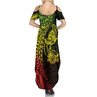 Hawaiian Manta Ray and Hammerhead Shark Tribal Tattoo Family Matching Summer Maxi Dress and Hawaiian Shirt with Polynesian Tribal Pattern Reggae Style