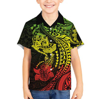Hawaiian Manta Ray and Hammerhead Shark Tribal Tattoo Kid Hawaiian Shirt with Polynesian Tribal Pattern Reggae Style