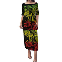 Hawaiian Manta Ray and Hammerhead Shark Tribal Tattoo Puletasi with Polynesian Tribal Pattern Reggae Style LT03 Long Dress Multicolor - Polynesian Pride