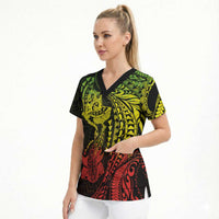 Hawaiian Manta Ray and Hammerhead Shark Tribal Tattoo Scrub Top with Polynesian Tribal Pattern Reggae Style LT03 - Polynesian Pride