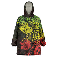 Hawaiian Manta Ray and Hammerhead Shark Tribal Tattoo Wearable Blanket Hoodie with Polynesian Tribal Pattern Reggae Style