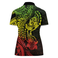 Hawaiian Manta Ray and Hammerhead Shark Tribal Tattoo Women Polo Shirt with Polynesian Tribal Pattern Reggae Style