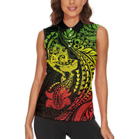 Hawaiian Manta Ray and Hammerhead Shark Tribal Tattoo Women Sleeveless Polo Shirt with Polynesian Tribal Pattern Reggae Style