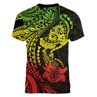 Hawaiian Manta Ray and Hammerhead Shark Tribal Tattoo Women V-Neck T-Shirt with Polynesian Tribal Pattern Reggae Style