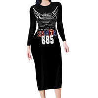 Super Samoa-Six Eight Five to The World Family Matching Long Sleeve Bodycon Dress and Hawaiian Shirt Traditional Samoan Tattoo Black Color