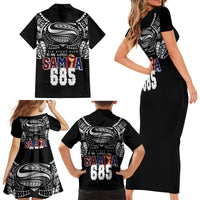 Super Samoa-Six Eight Five to The World Family Matching Short Sleeve Bodycon Dress and Hawaiian Shirt Traditional Samoan Tattoo Black Color
