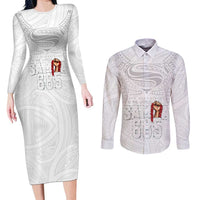 Super Samoa-Six Eight Five to The World Couples Matching Long Sleeve Bodycon Dress and Long Sleeve Button Shirt Traditional Samoan Tattoo All White