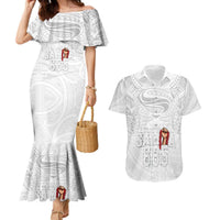Super Samoa-Six Eight Five to The World Couples Matching Mermaid Dress and Hawaiian Shirt Traditional Samoan Tattoo All White