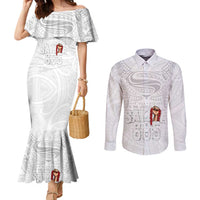 Super Samoa-Six Eight Five to The World Couples Matching Mermaid Dress and Long Sleeve Button Shirt Traditional Samoan Tattoo All White