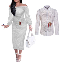 Super Samoa-Six Eight Five to The World Couples Matching Off The Shoulder Long Sleeve Dress and Long Sleeve Button Shirt Traditional Samoan Tattoo All White
