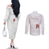 Super Samoa-Six Eight Five to The World Couples Matching Off The Shoulder Long Sleeve Dress and Long Sleeve Button Shirt Traditional Samoan Tattoo All White