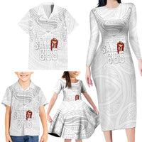 Super Samoa-Six Eight Five to The World Family Matching Long Sleeve Bodycon Dress and Hawaiian Shirt Traditional Samoan Tattoo All White