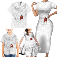 Super Samoa-Six Eight Five to The World Family Matching Short Sleeve Bodycon Dress and Hawaiian Shirt Traditional Samoan Tattoo All White