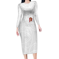 Super Samoa-Six Eight Five to The World Long Sleeve Bodycon Dress Traditional Samoan Tattoo All White LT03 Long Dress White - Polynesian Pride