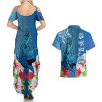 Polynesian Fiji Couples Matching Summer Maxi Dress and Hawaiian Shirt Shark and Hibiscus Tapa Pattern Blue Version LT03 - Polynesian Pride