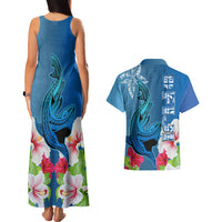 Polynesian Fiji Couples Matching Tank Maxi Dress and Hawaiian Shirt Shark and Hibiscus Tapa Pattern Blue Version LT03 - Polynesian Pride