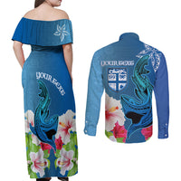 Custom Polynesian Fiji Couples Matching Off Shoulder Maxi Dress and Long Sleeve Button Shirts Shark and Hibiscus Tapa Pattern Blue Version LT03 - Polynesian Pride