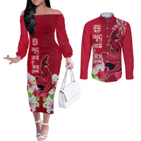 Polynesian Fiji Couples Matching Off The Shoulder Long Sleeve Dress and Long Sleeve Button Shirts Shark and Hibiscus Tapa Pattern Red Version LT03 Red - Polynesian Pride