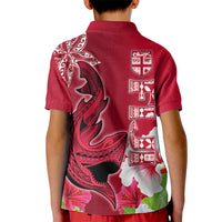 Polynesian Fiji Kid Polo Shirt Shark and Hibiscus Tapa Pattern Red Version LT03 - Polynesian Pride