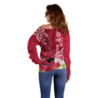 Polynesian Fiji Off Shoulder Sweater Shark and Hibiscus Tapa Pattern Red Version LT03 - Polynesian Pride