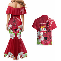 Custom Polynesian Fiji Couples Matching Mermaid Dress and Hawaiian Shirt Shark and Hibiscus Tapa Pattern Red Version LT03 - Polynesian Pride