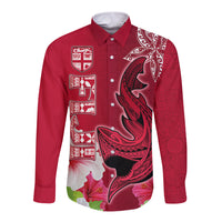 Custom Polynesian Fiji Long Sleeve Button Shirt Shark and Hibiscus Tapa Pattern Red Version LT03 Unisex Red - Polynesian Pride