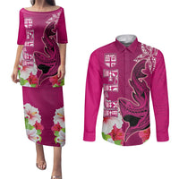 Custom Polynesian Fiji Couples Matching Puletasi Dress and Long Sleeve Button Shirts Shark and Hibiscus Tapa Pattern Purple Version LT03 Pink - Polynesian Pride