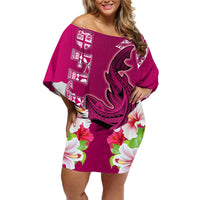 Custom Polynesian Fiji Off Shoulder Short Dress Shark and Hibiscus Tapa Pattern Purple Version LT03 Women Pink - Polynesian Pride