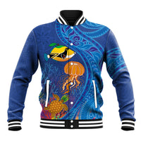 Hawaiian Funny Fruits Sea Animals Baseball Jacket Mango Reef Triggerfish and Pineapple Turtle and Mandarin Jellyfish LT03 Unisex Blue - Polynesian Pride