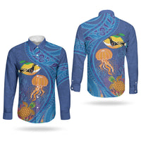 Hawaiian Funny Fruits Sea Animals Couples Matching Off Shoulder Maxi Dress and Long Sleeve Button Shirt Mango Reef Triggerfish and Pineapple Turtle and Mandarin Jellyfish LT03 - Polynesian Pride