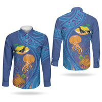 Hawaiian Funny Fruits Sea Animals Couples Matching Short Sleeve Bodycon Dress and Long Sleeve Button Shirt Mango Reef Triggerfish and Pineapple Turtle and Mandarin Jellyfish LT03 - Polynesian Pride