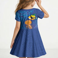 Hawaiian Funny Fruits Sea Animals Kid Short Sleeve Dress Mango Reef Triggerfish and Pineapple Turtle and Mandarin Jellyfish LT03 - Polynesian Pride